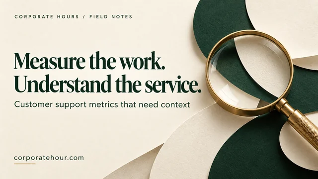 Brass magnifying glass over forest green and ivory paper, with the headline Measure the work. Understand the service.