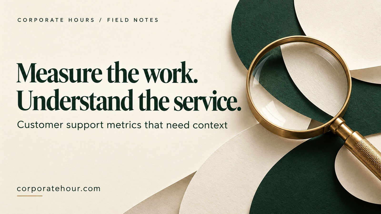 Brass magnifying glass over forest green and ivory paper, with the headline Measure the work. Understand the service.