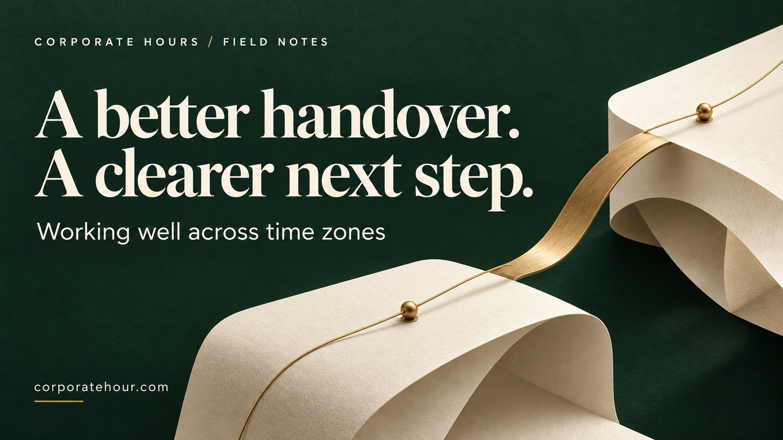 A brass bridge connects two ivory paper platforms on forest green, with the headline A better handover. A clearer next step.